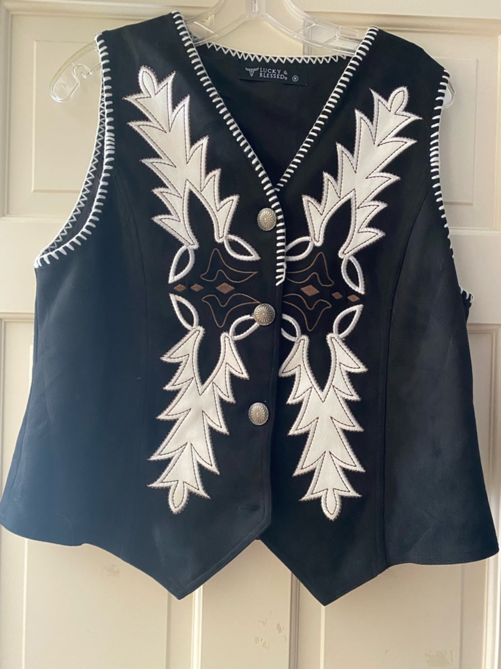 Lucky & Blessed Black Vest with White Western Embroidery